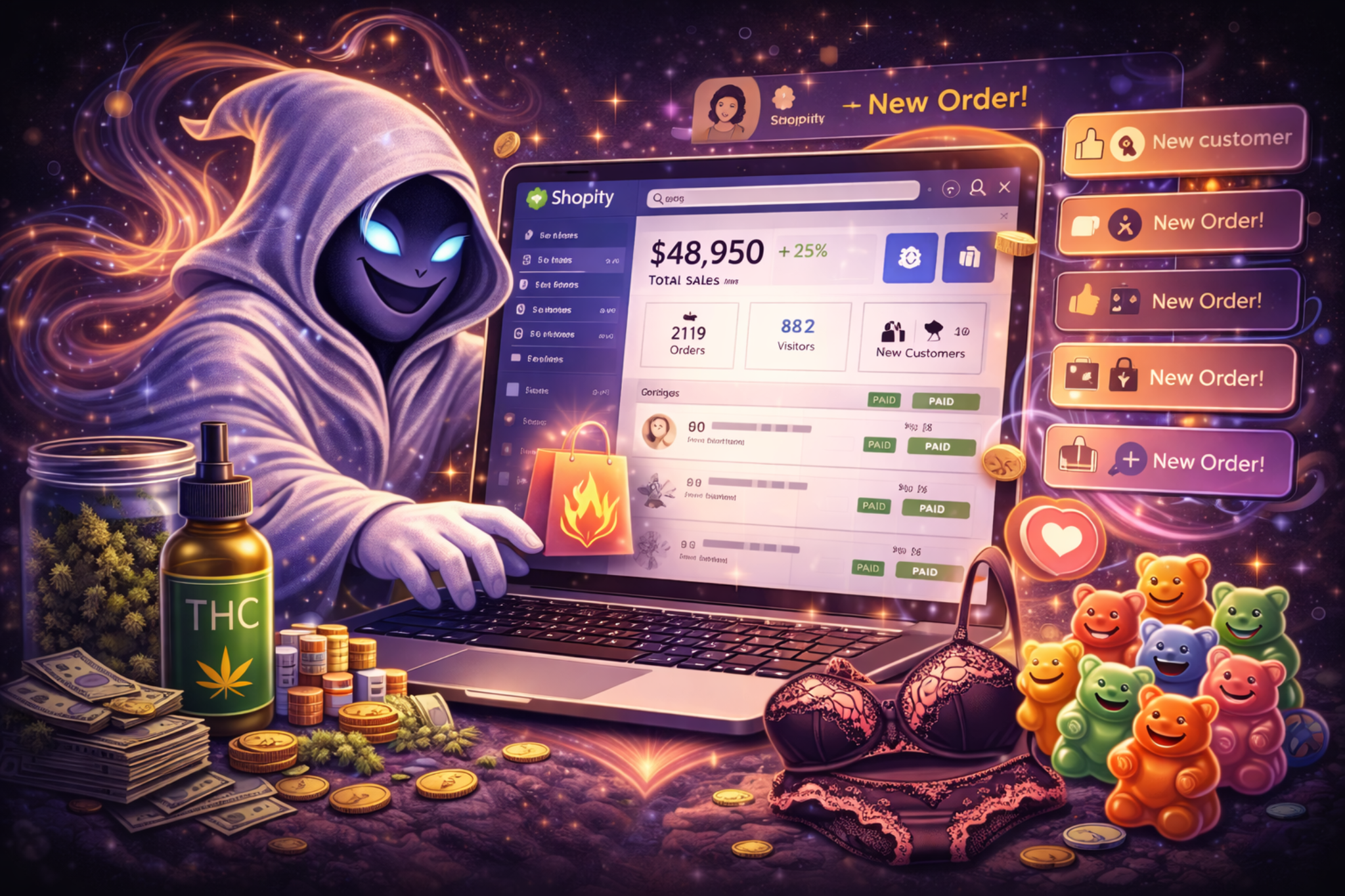 Phantom illustration: laptop with charts and social logos